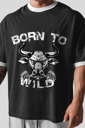 Born To Wild Oversized White Rib Collar T-shirt (Black)-S