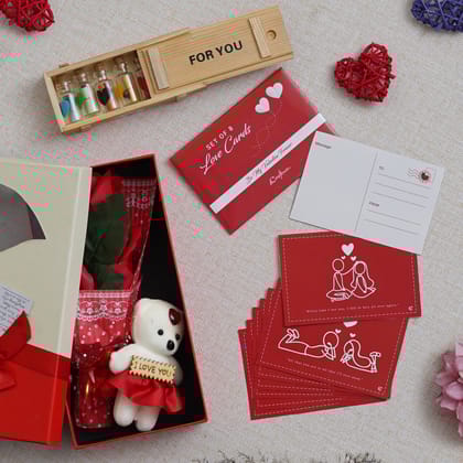 Valentine Combo of Set of 8 Love Post Cards Gift Cards Set, Red Roses Bouquet and White, Red Teddy Bear Valentine's Rectangle Shaped Gift Box, Wooden Box "For You" Message Bottle Set