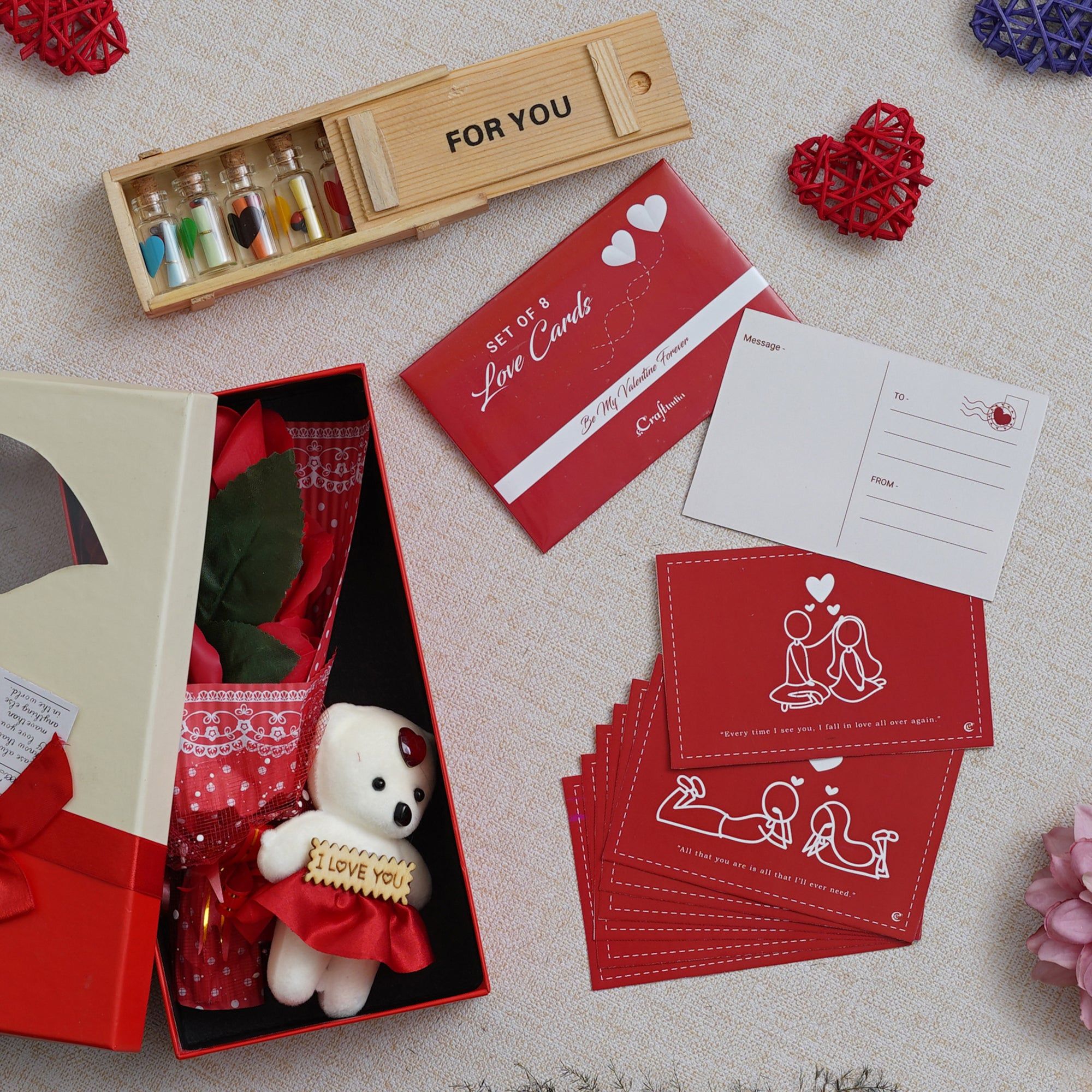 Valentine Combo of Set of 8 Love Post Cards Gift Cards Set, Red Roses Bouquet and White, Red Teddy Bear Valentine's Rectangle Shaped Gift Box, Wooden Box "For You" Message Bottle Set