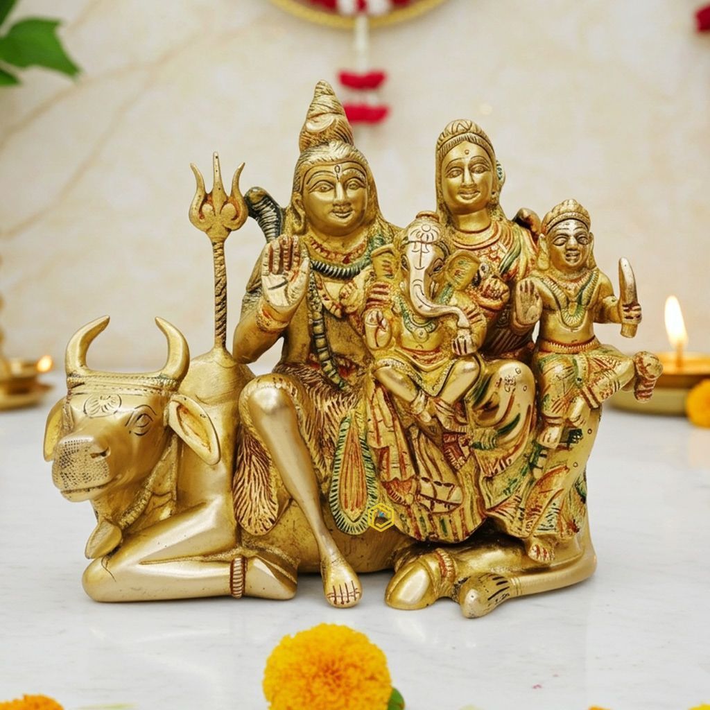 Brass Shiv Parivar With Nandi Statue - Complete Family Idol, 8 Inch, Height : 8 Inch (BSMAS736 B)
