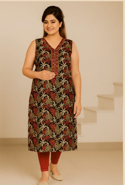 Floral Embroidered MulticolourBlack and Red Cotton Kurti Set