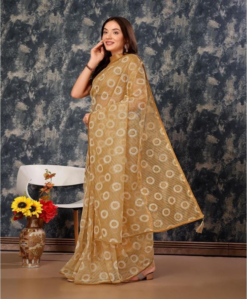Women's Linen Gola Printed Saree with Unstitched Blouse (Beige, 5-6 Mtrs)