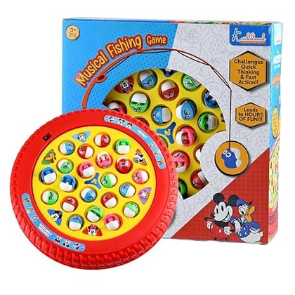 Mickey Medium Musical Fishing Game Fish Catching Board Game Toy 21 Fishes with Medium Round Pond & 4 Fish Catching Sticks for Kids