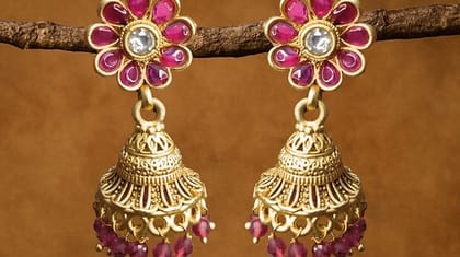 Bilasita Matt Finish Floral Jhumka Earrings (Pink & Gold) | Intricate Ethnic Design | Festive & Wedding Wear