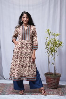 Rivaaj Ethnic Saanvi Bagru Cotton Straight Kurta (M) | Red and White Handblock Print | Mandarin Collar | 3/4th Sleeves | Daily Ethnic Wear