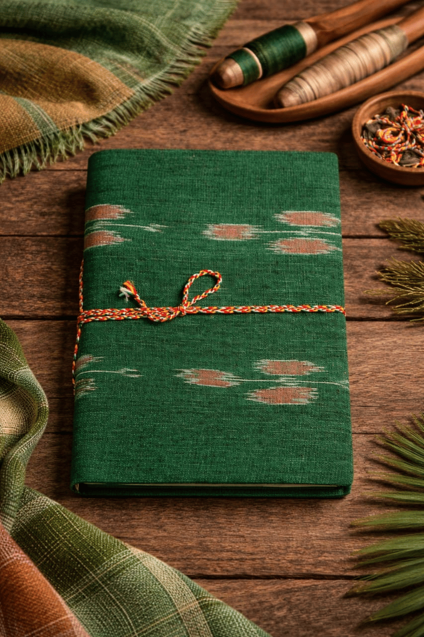 Bivabari Handmade Ikkat Notebook | Bottle Green | 50 Pages | Hand Made Paper, Traditional Craft | Journaling