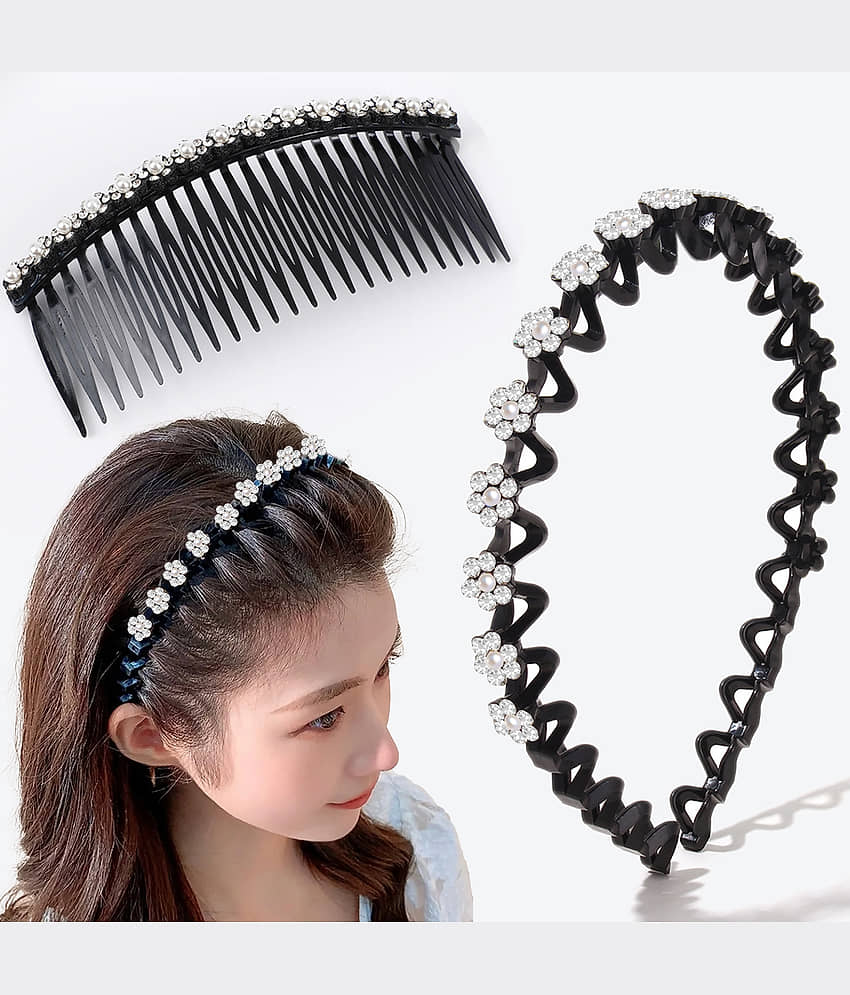 Crystal Zigzag Hairband & Comb Clip -2Pcs (Black)