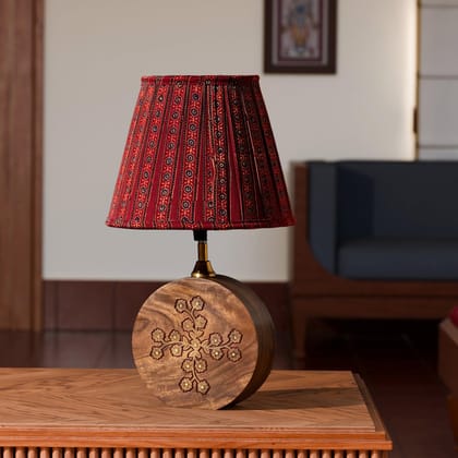 Wood with Brass Inlay Table Lamp (Round)-Brown / Wood with Brass / 7 inches x 7 inches x 10 inches