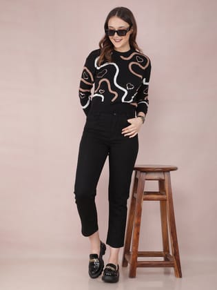 Black Graphic Print Crop Sweater-M / Black