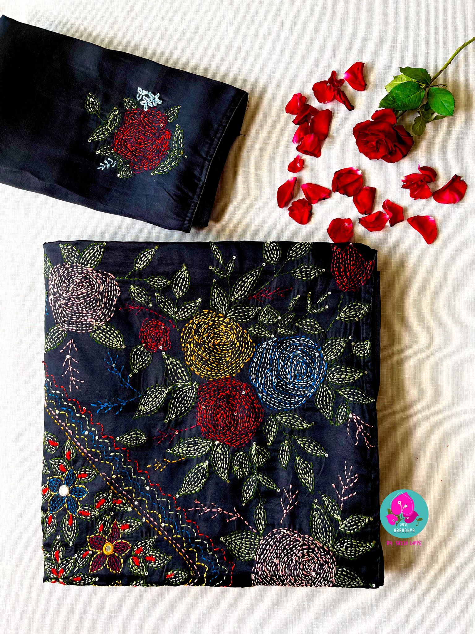 Black semi tussar silk hand embroidered kantha work saree-XS