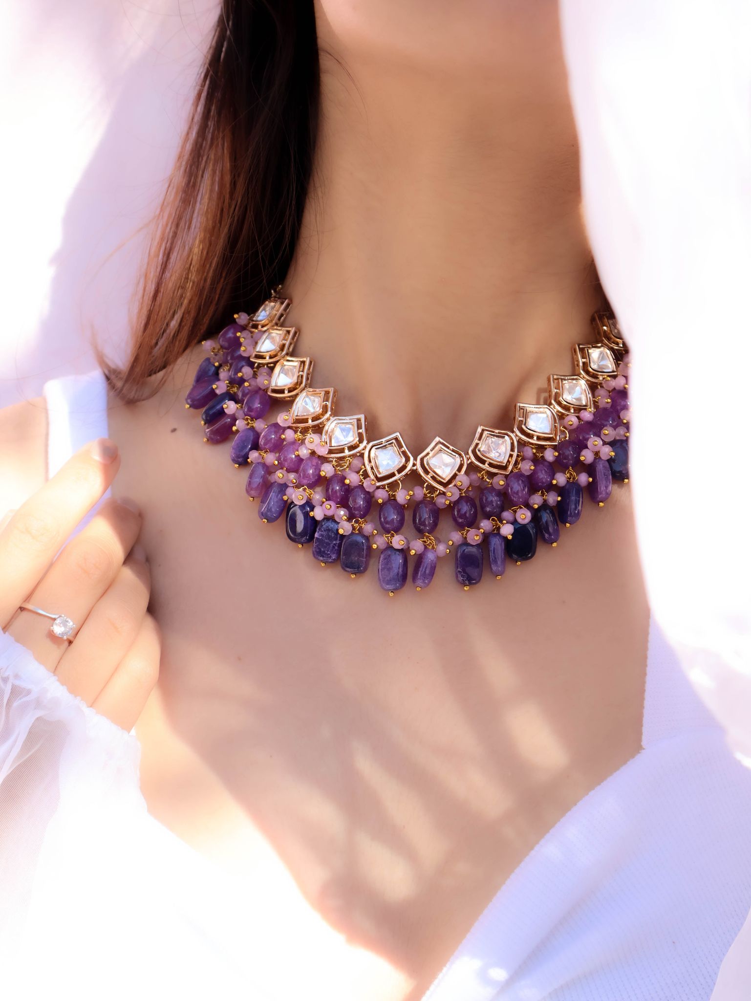 Zuri Purple Polki Choker Necklace-Purple
