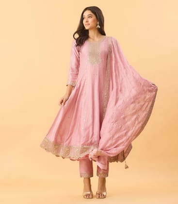 Light Pink Festive Embroidered Anarkali Set-S / Pink