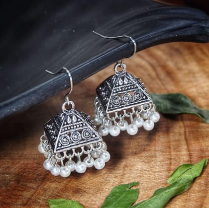 Antique Silver Plated White Pearl Small Jhumki Earring- AER 344