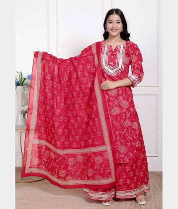 miravan Women Cotton Printed Straight Kurti With Palazzo ( Red )