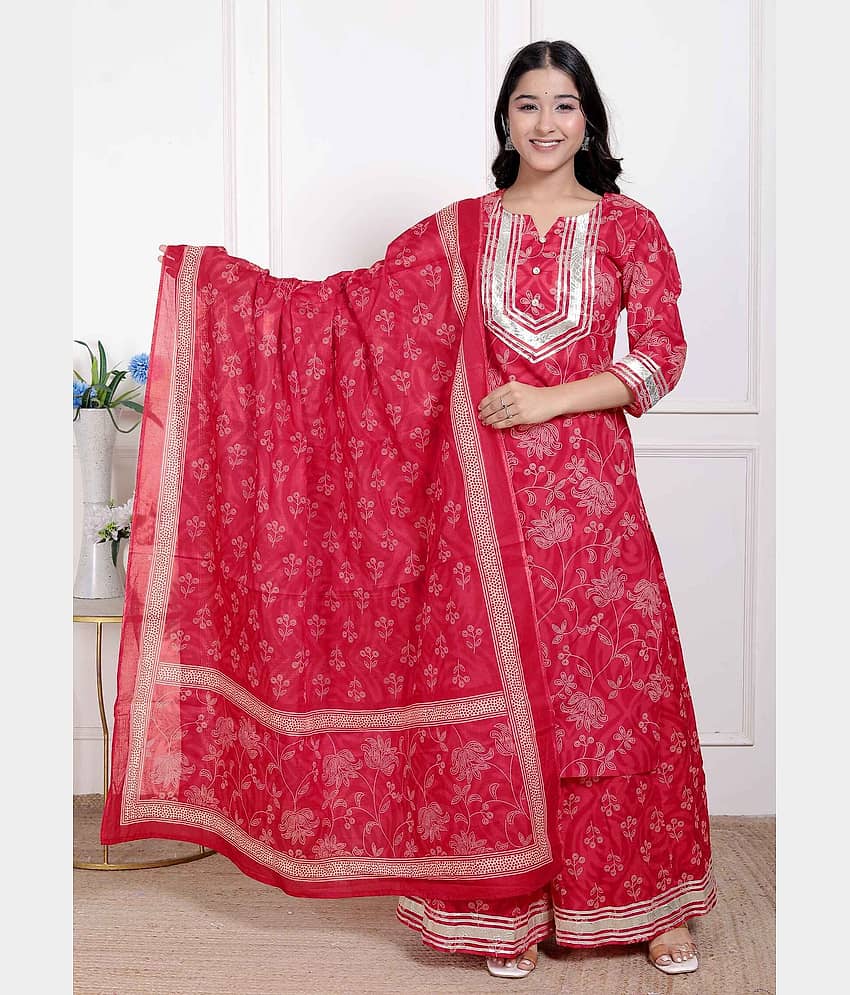 miravan Women Cotton Printed Straight Kurti With Palazzo ( Red )