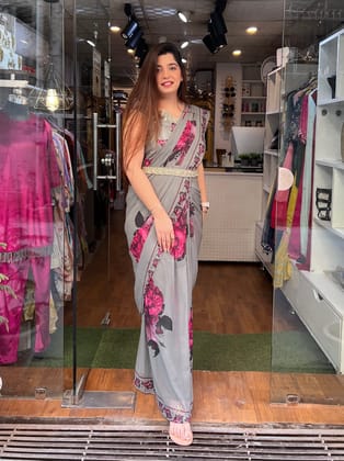Neer Grey Printed Drape Saree-L