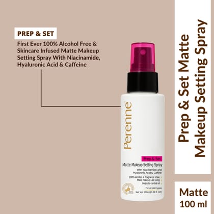 Perenne Prep & Set Matte Makeup Setting Spray with Niacinamide, Hyaluronic Acid & Caffeine |Matte Finished| Helps to control oil | For Long Lasting makeup up to 24 hrs* |100% Alcohol-Free & Fragr