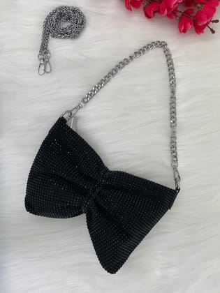 Bow Look Stone-Embellished Shoulder Bag with Sling Chain-Black