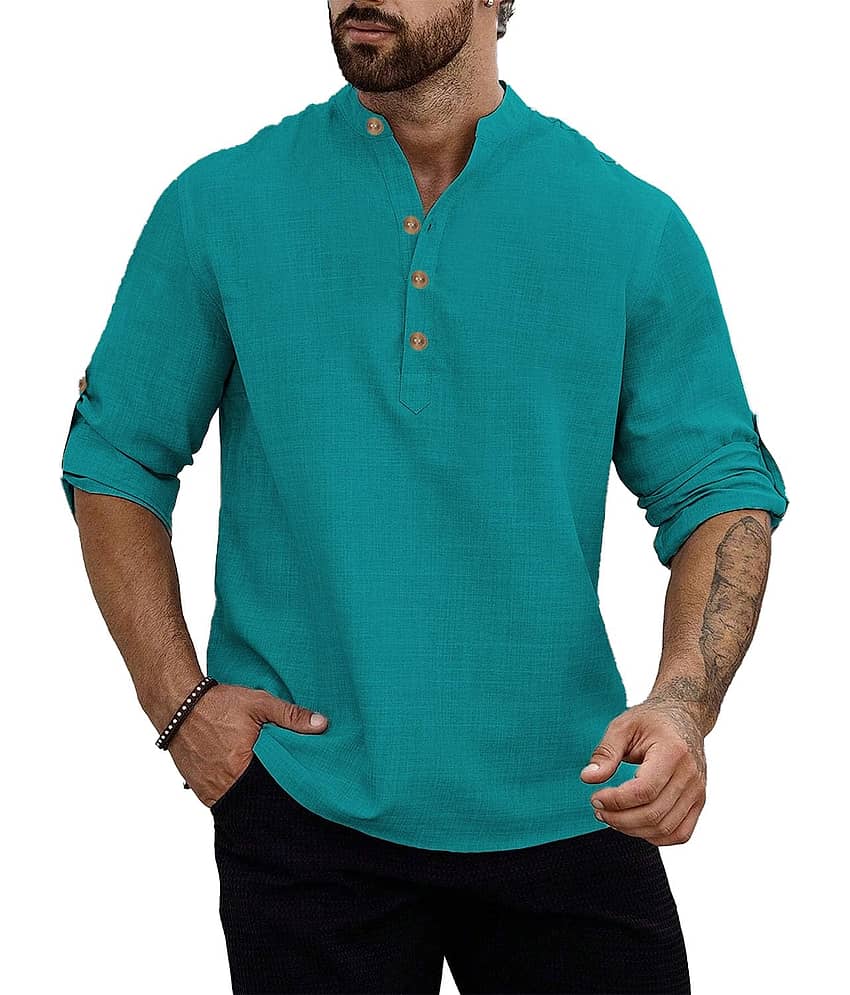 Vida Loca Turquoise Cotton Blend Men's Shirt Style Kurta ( Pack of 1 )