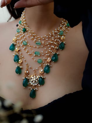 Mabel Kundan Green Multilayered Necklace-Green