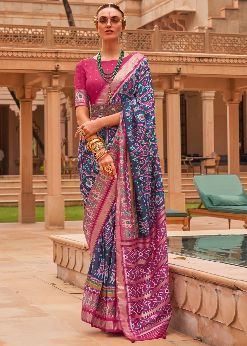 Dutch Blue Printed Patola Silk Saree