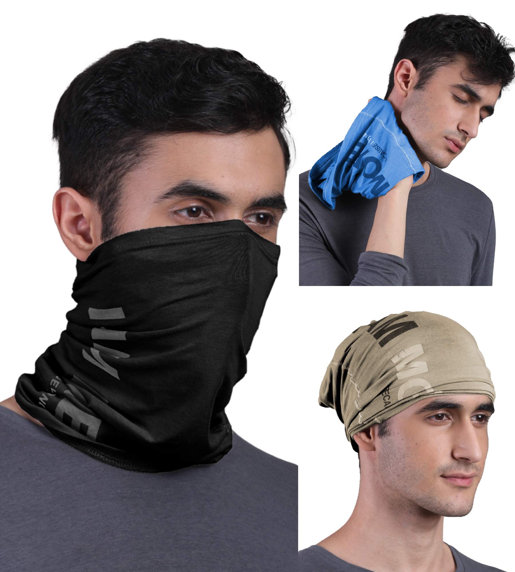 FREECULTR Unisex Bamboo Bandana, Anti Microbial Super Soft & Comfort Fit, Breathable Multipurpose Headband, Face Mask for Dust Protection and Sun - Printed Pack of 3-Beach Sand,Black,Pilot Blue