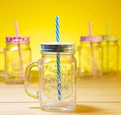 Glass Mason Jar With Air Tight Lid & Straw, 450 ML,Set Of 2,Handle Mason Mug Jars For Drinks Beverages Fruit,Juice ,Coco, Milk,Water,Smoothie,Re-Usable Straw, Ideal for Gym,Office Home, Travel,College
