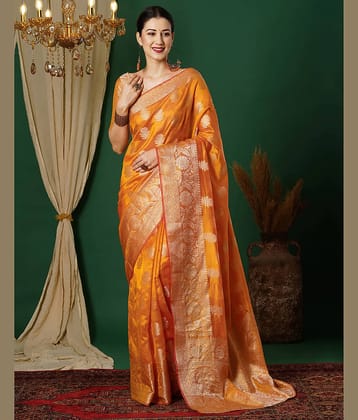 Satrani Silk Blend Woven Saree With Unstitched Blouse Piece ( Orange )