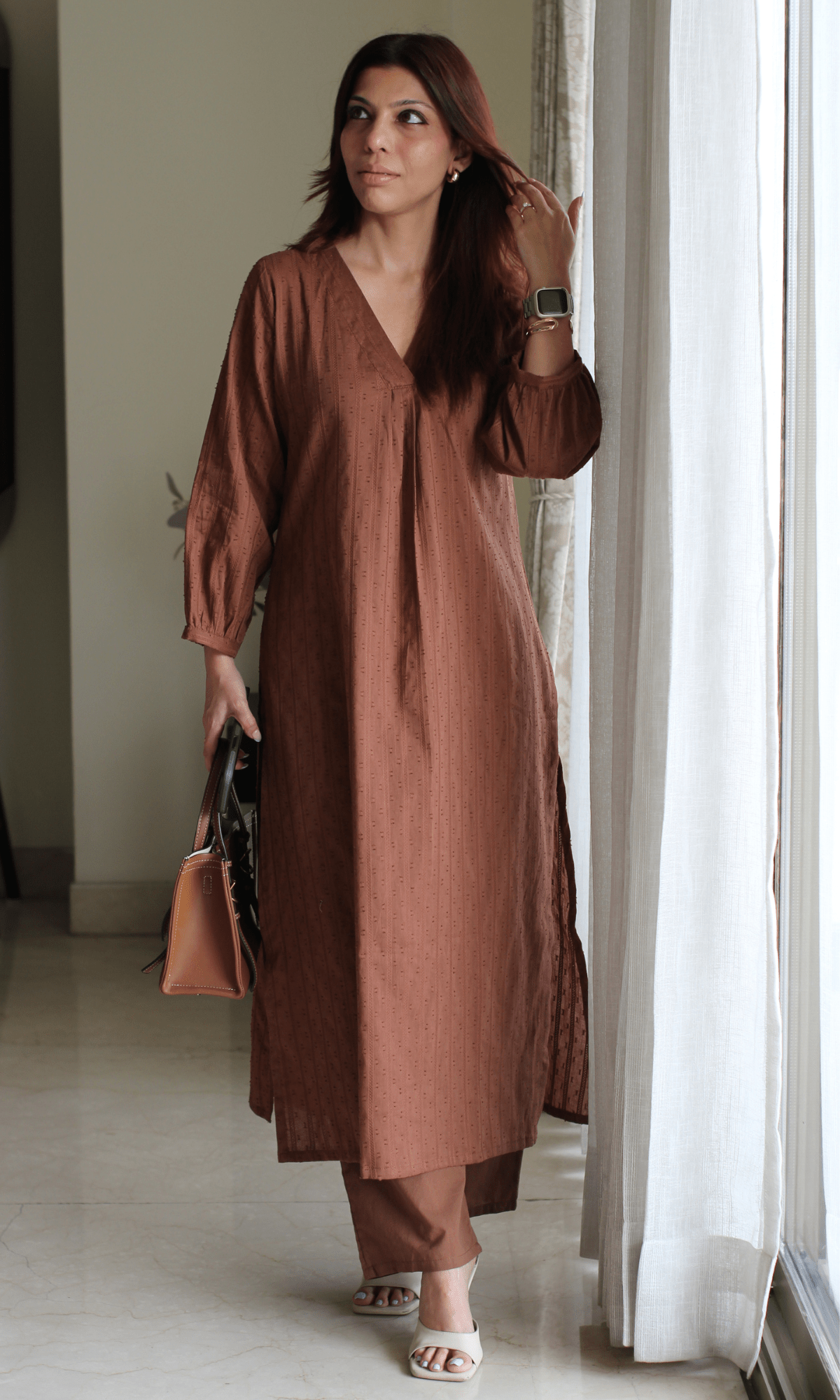 Brown Cotton Dobby Kurta & Cotton Pant-XXS