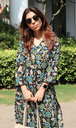 Cotton Black Kalamkari leaf Print Pleated Kurta & Pant-XXS