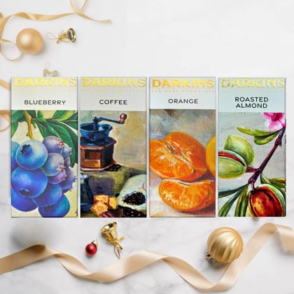 DARKINS 70% Dark Chocolate Blueberries | 70% Dark Chocolate Almonds | 65% Artisanal Dark Chocolate Coffee | 63% Artisanal Dark Chocolate Orange | Gluten-Free | 50gm Each Pack of 4