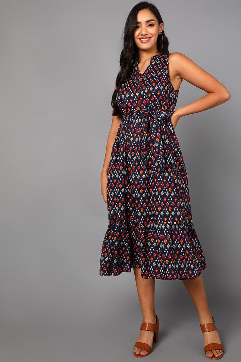Navy Blue Cotton Abstract Print Midi Dress VD1249