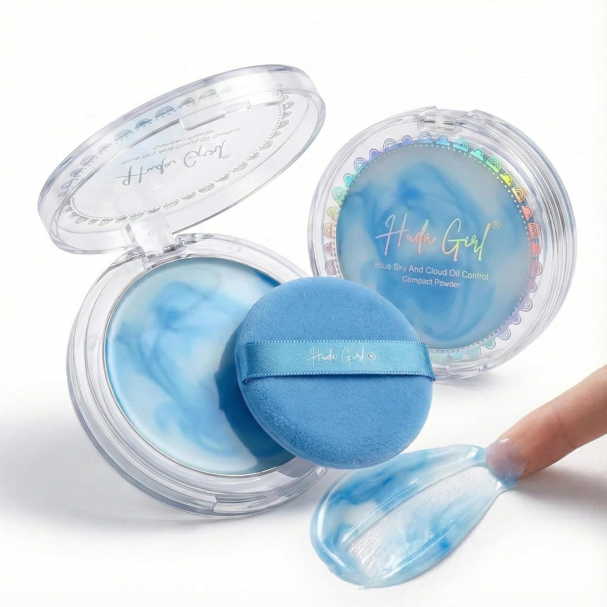 HUDA GIRL Instant Oil Control Blue Sky & Cloud Gel Compact Powder for Oily Skin - Mattifying, Poreless Finish - 2in1 Primer & Oil Control Compact Powder, Long-Lasting Compact for Women HUDA GIRL Instant Oil Control Blue Sky & Cloud Gel Compact Powder for