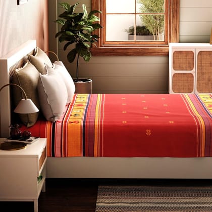 Hand Woven Bawan Buti Cotton Bed Cover Red 90x108