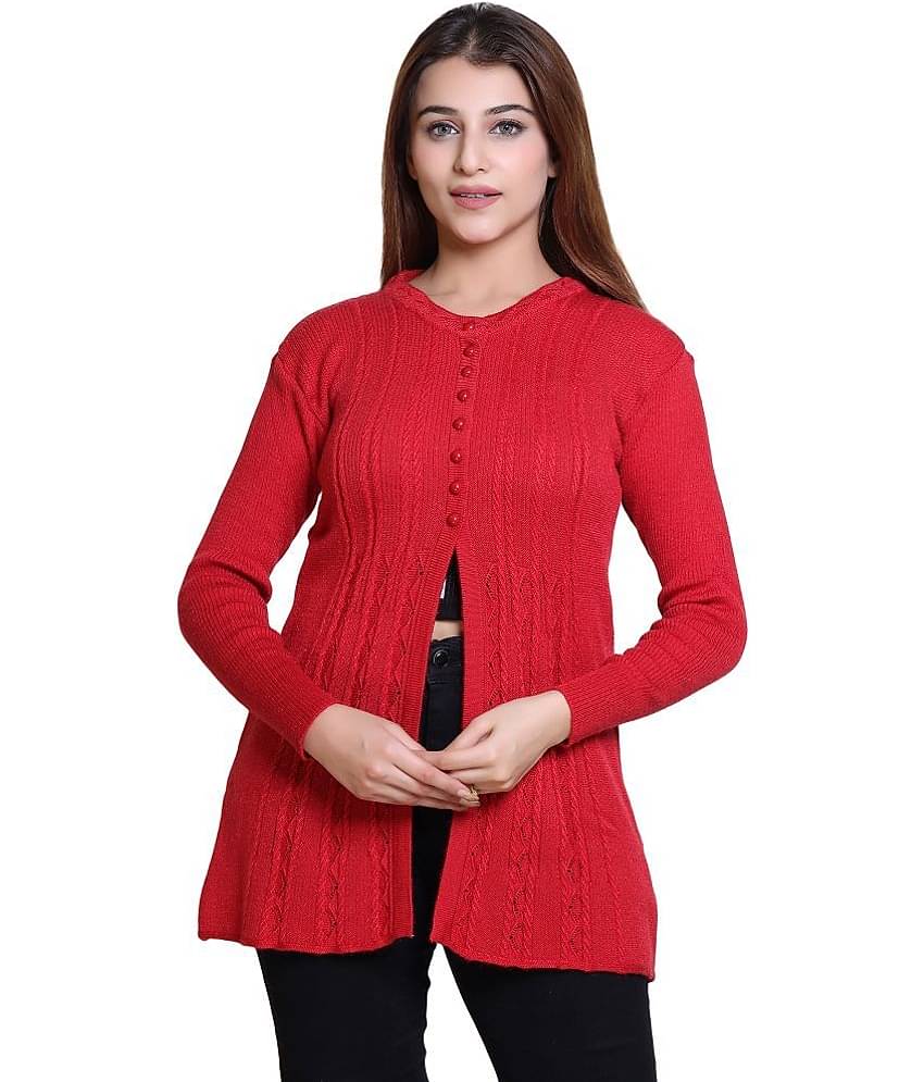 Varenyam Woollen Round Neck Women's Buttoned Cardigans - Maroon ( Single )