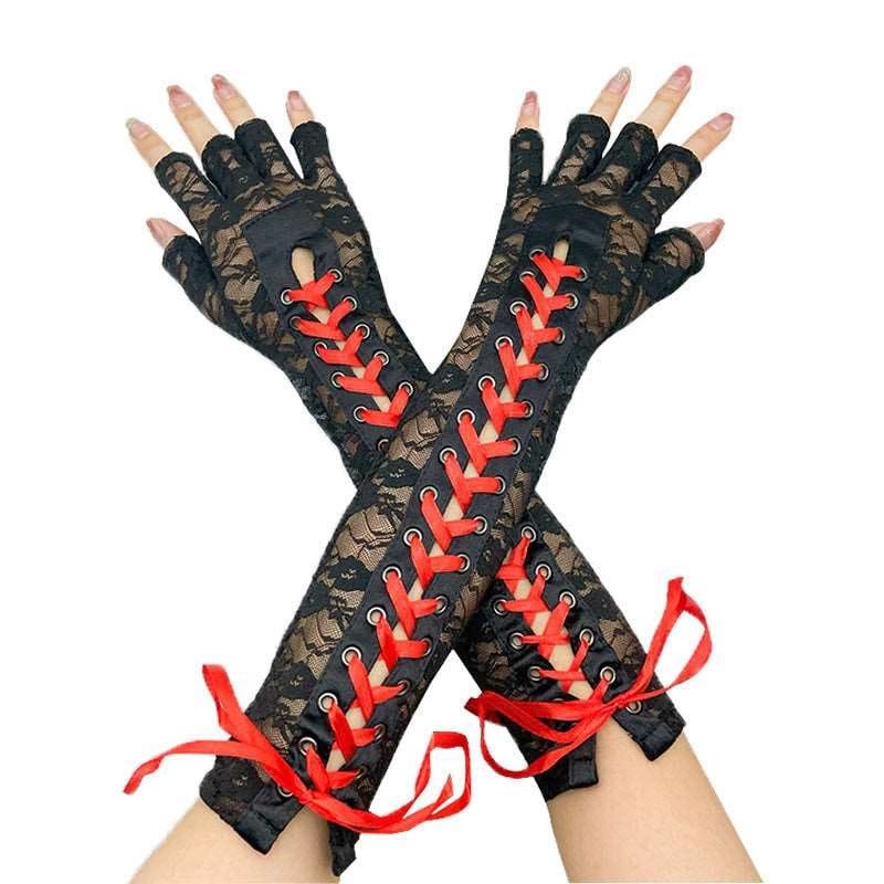 Lace Fingerless Long Gloves-Red Lace