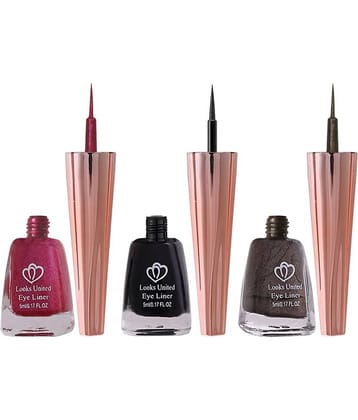 Looks United Metallic Long Lasting Intense Single Stroke Fashion Eyeliner (Metallic Blush Pink, Coal Black, Looks United Metallic Brunette Brown)Pack Of 3