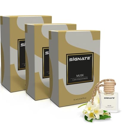 Signate Car Perfume with Natural Fragrance Essential Oils | Car Air Fresheners Long Lasting Upto 90 Days | Hanging Pod in Glass Bottle with Wooden Diffuser Lid  15ML (Musk) (Pack of 3)