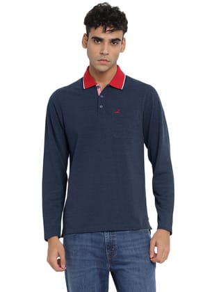 Full Sleeves Polo Collar T-Shirt with Pocket for Men - Navy Melange-S / Navy Melange