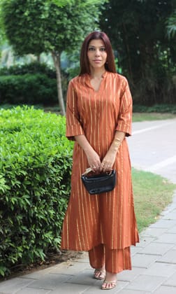 Cotton Lurex Collared Rust V-neck Coord Set-XXS