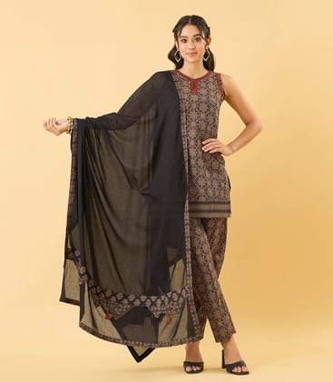 Black Ajrakh Inspired Printed Short Kurta-S / Black
