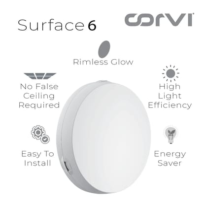 CORVI LED Surface 6 Round 15W | Dimmable & Driverless Ceiling Panel Light | Full Glow, No False Ceiling Required | Slim & Compact | Easy White 4000K (Pack of 5)