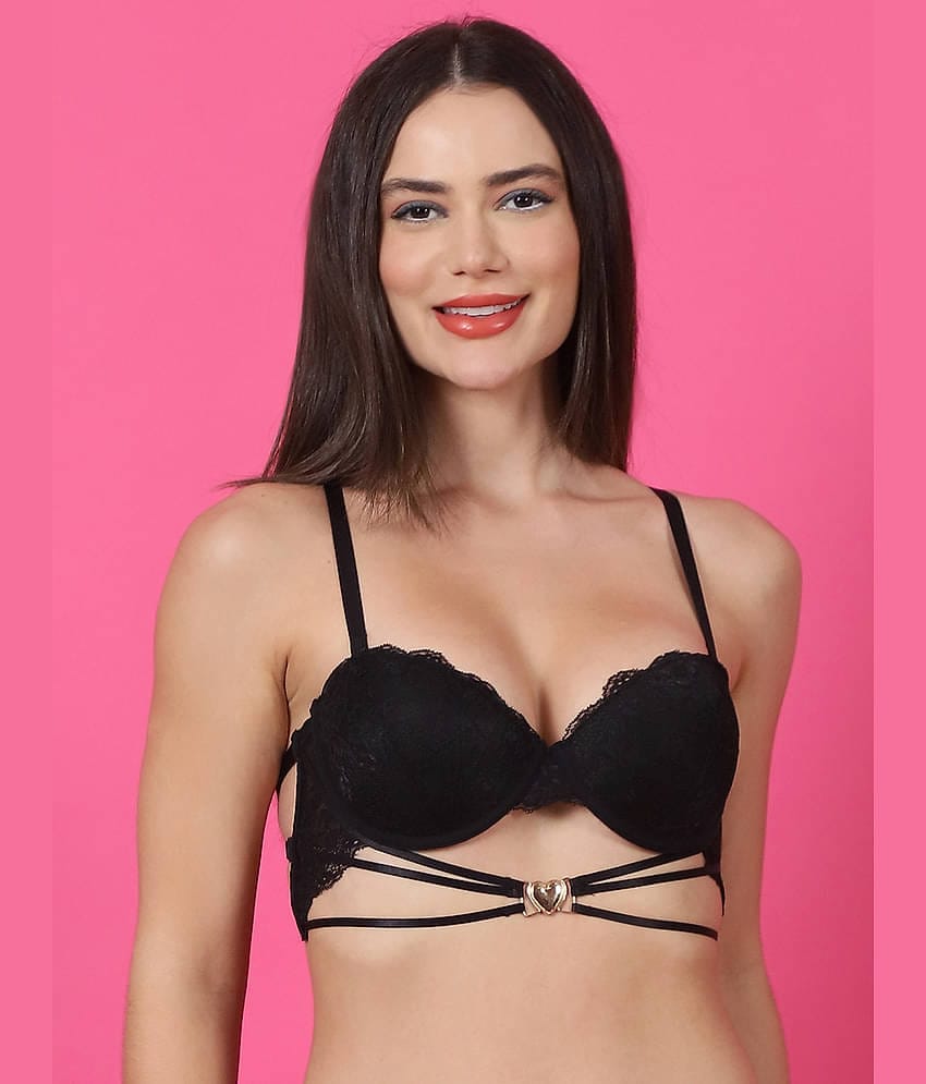 PrettyCat Lace Lightly Padded Women's Balconette Bra ( Black ) PC-BR-7026-BLK