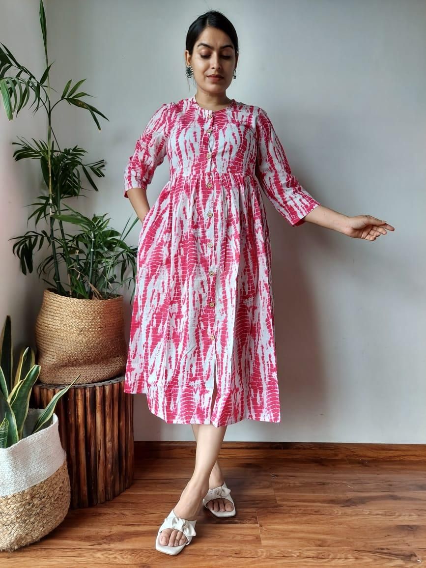 Misty Blockprinted Cotton White & Pink Long Dress-36(S)