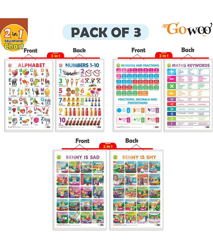 Set of 3 | 2 IN 1 ALPHABET AND NUMBER 1-10, 2 IN 1 NUMBER & FRACTIONS AND MATHS KEYWORDS and 2 IN 1 BENNY IS SAD AND BENNY IS SHY Early Learning Educational Charts for Kids