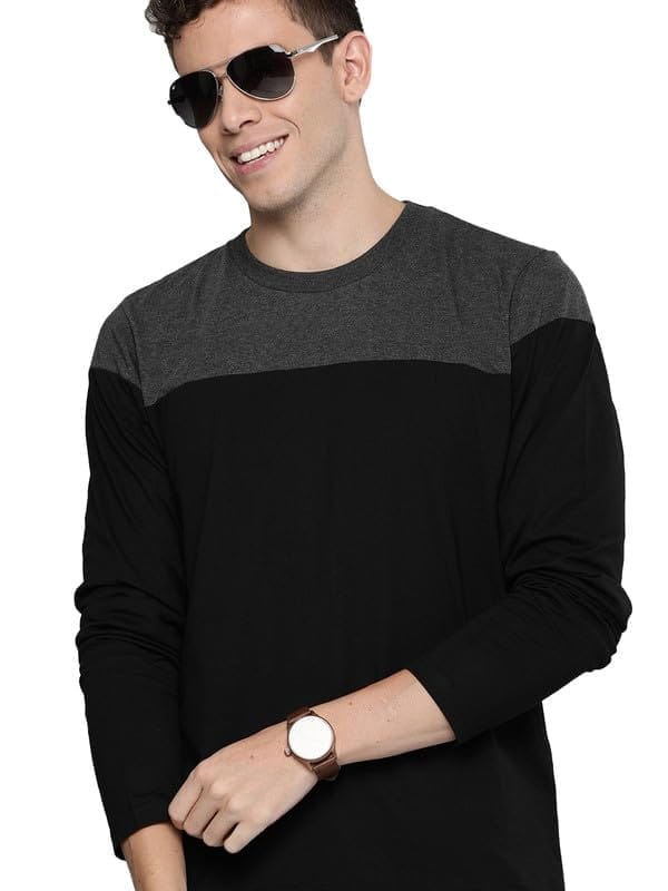 Men's Casual Colorblock Polyester Round Neck T-Shirt (Black, 2XL)-PID47763
