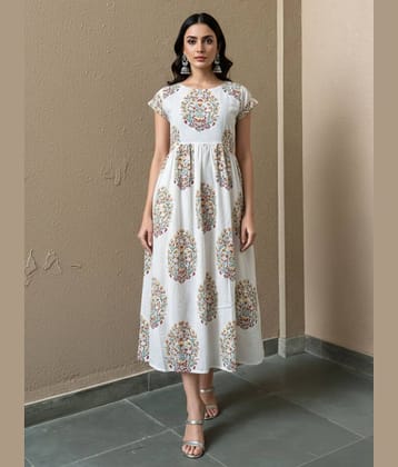 Royal Export Women Cotton Blend Printed A-line Dress ( White )