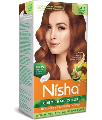 Nisha Creme Hair Color 4.3 Golden Brown 120g, Permanent Hair Color for Women Men, Ammonia Free Hair Colour