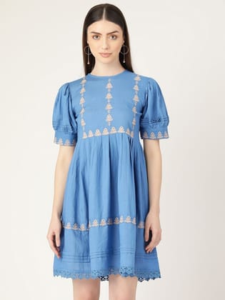 Blue Short Dress with Puff Sleeves-M