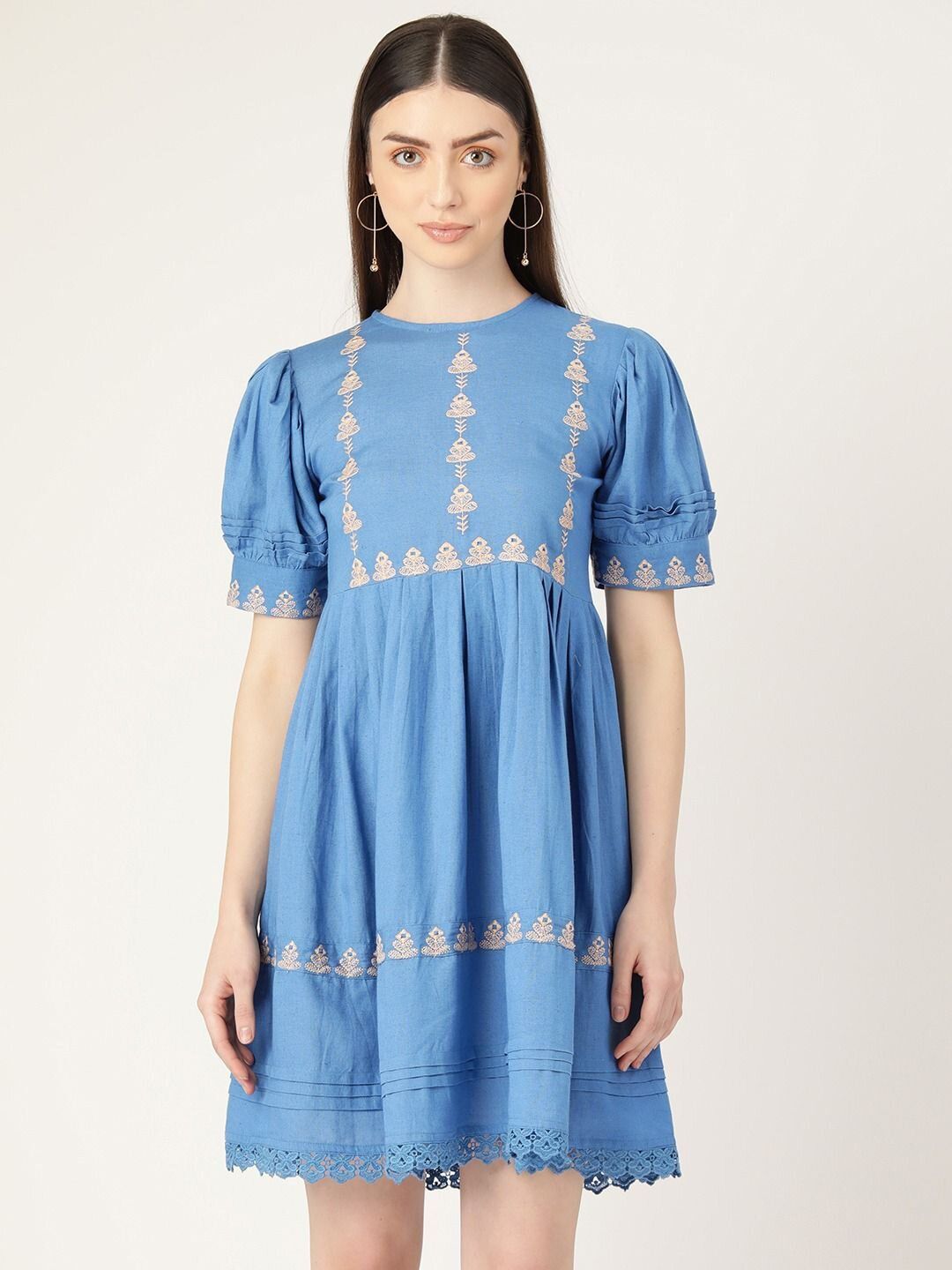 Blue Short Dress with Puff Sleeves-M